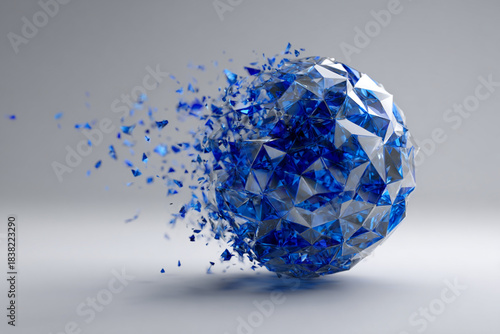 Abstract blue crystal sphere shattering into fragments against a neutral background
