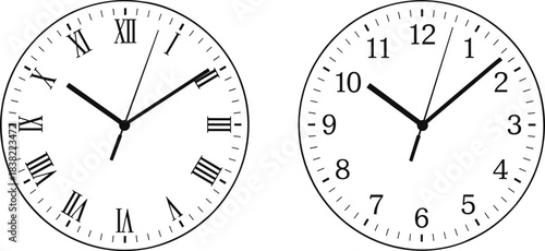 Two round white faced clocks, one with classic roman numerals and the other with modern arabic numbers, both displaying different times on an isolated white background.