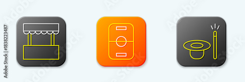 Set line Ticket box office, Hockey table and Magic hat and wand icon. Vector