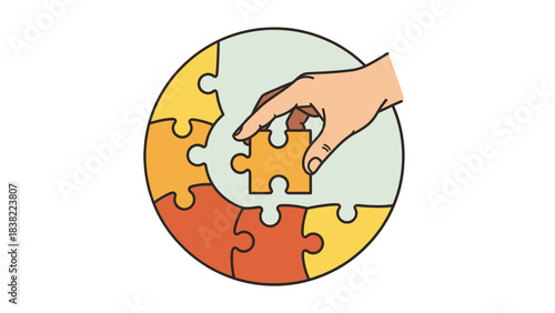A hand places the final puzzle piece into a circular jigsaw puzzle, symbolizing completion and problem-solving.