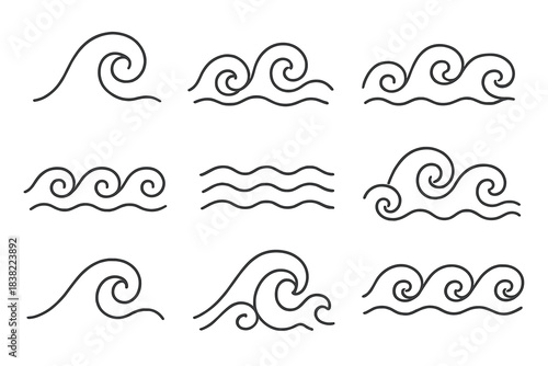 Various hand drawn ocean wave symbols and flowing water elements set