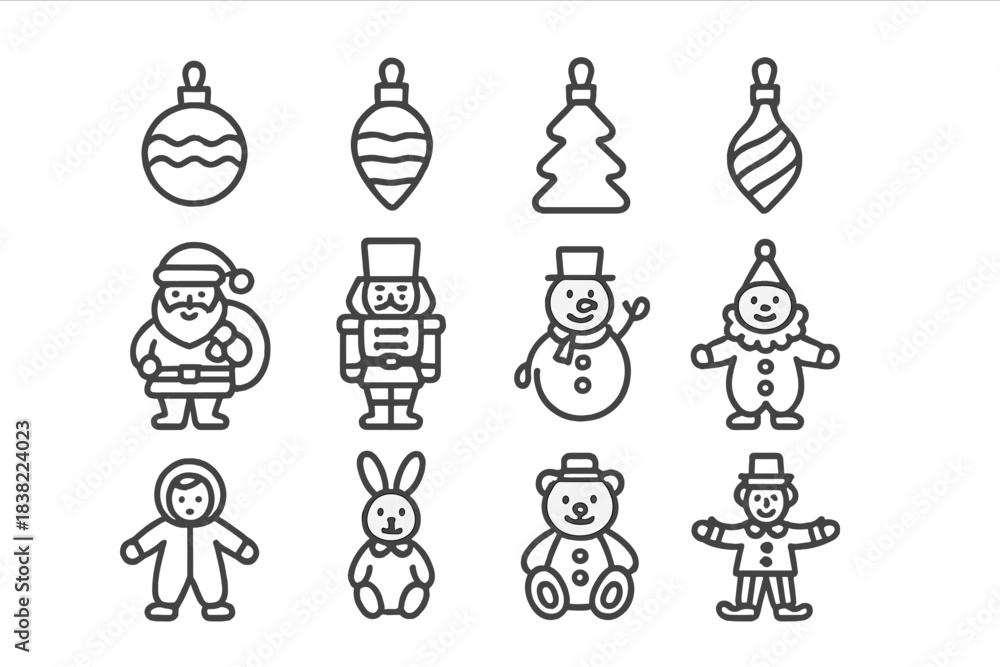 Fototapeta premium Outline Christmas symbols featuring Santa Claus, snowman, nutcracker, and tree decorations