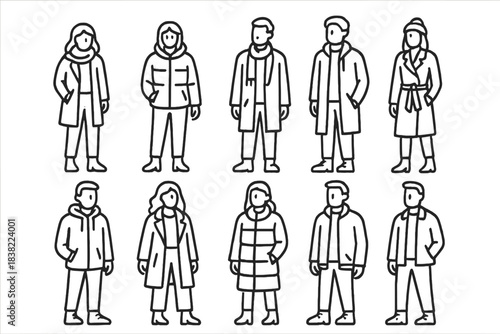 Set of ten diverse individuals wearing warm winter outerwear and accessories full body standing poses