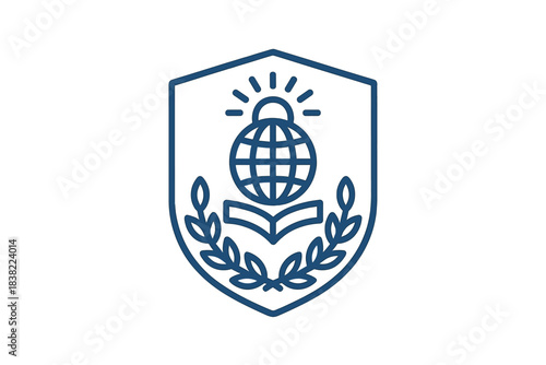 Global education and achievement crest icon with open book and laurel wreath