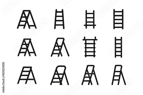 Outline icons set showing various types of step ladders and climbing equipment