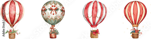 Watercolor set hand draw Christmas air balloon, toy illustration, isolated on white background