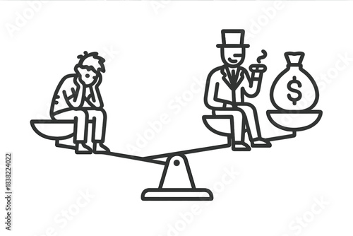 Wealthy person with money bag outweighing a poor distressed person on a balance scale