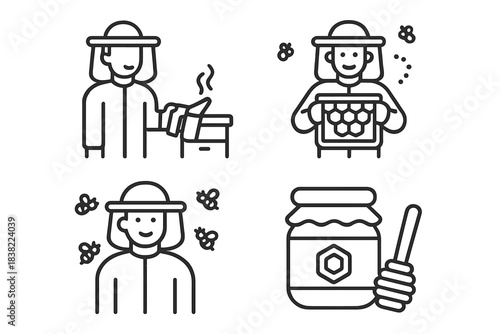 Essential elements of beekeeping and honey production in line art style