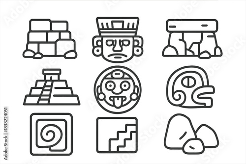 Ancient Mesoamerican culture symbols and structures of Aztec and Mayan civilization