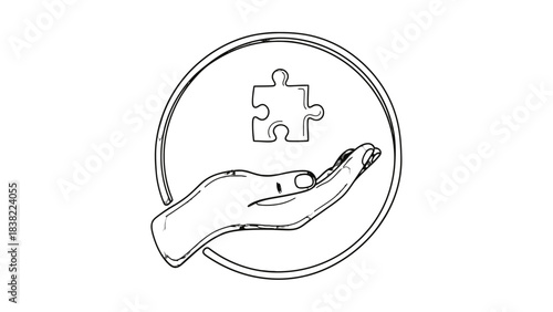 A hand offering a puzzle piece within a circular frame, symbolizing problem-solving and finding solutions.