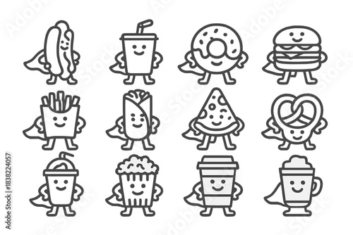 Collection of cute fast food characters dressed as superheroes wearing capes