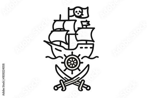 Pirate ship sailing on waves with Jolly Roger flag, crossed swords, and ship wheel