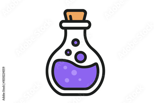 Stylized glass flask filled with bubbling purple liquid and sealed with a cork stopper