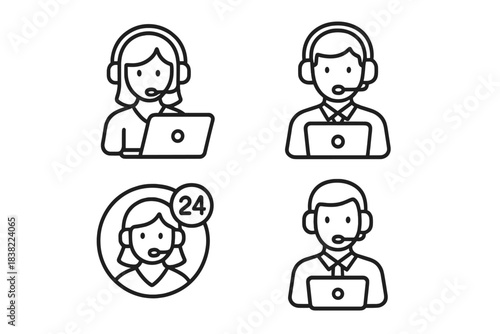 Minimalist line art icons of customer service agents with headset and laptop