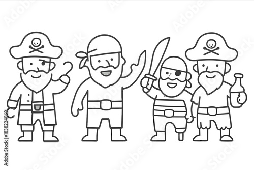 Group of funny cartoon pirate characters standing together side by side, black and white design