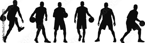Basketball player silhouettes dribbling, walking, standing, holding ball, sports action poses, cad drawing flat vector illustration, isolated design