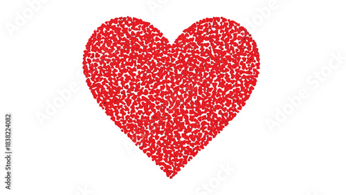 A vibrant red heart shape composed of numerous small, scattered red dots against a clean white background.