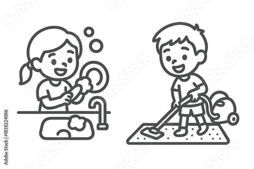 Cute smiling kids helping with housework washing plates and using a vacuum cleaner on the carpet