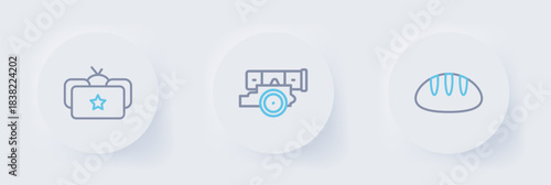 Set line Bread loaf, Cannon and Ushanka icon. Vector