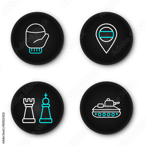 Set line Military tank, Chess, Location Russia and Christmas mitten icon. Vector
