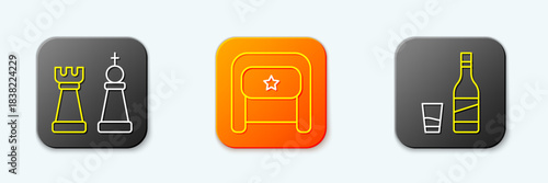 Set line Chess, Ushanka and Bottle of vodka with glass icon. Vector