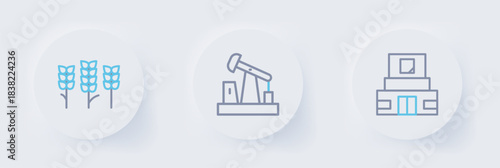 Set line Mausoleum of Lenin, Oil pump or pump jack and Wheat icon. Vector