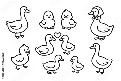 Cute cartoon duck and gosling line art icons in various poses