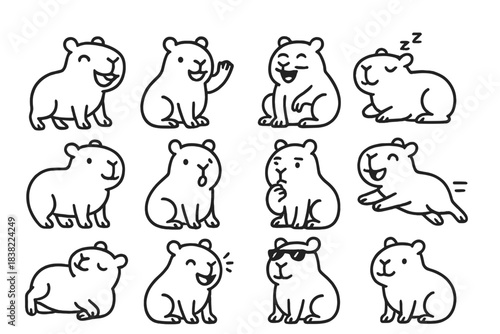 Charming capybara character set displaying various emotions and activities