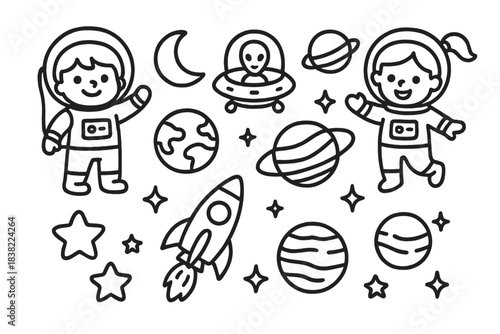 Charming collection of space objects featuring astronauts, rockets, and celestial bodies