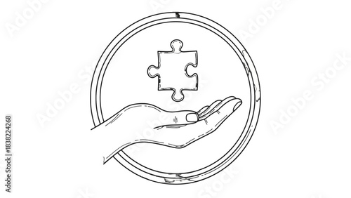 A detailed black and white line drawing of an open hand gently holding a single puzzle piece within a circular frame, symbolizing problem-solving and support.