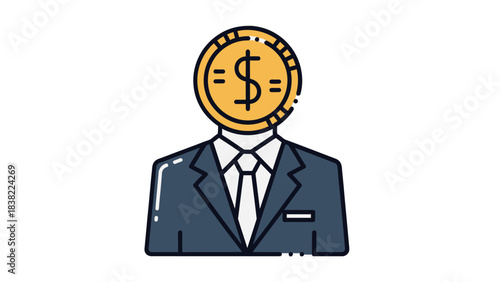 A stylized illustration of a person in a suit with a dollar coin for a head, symbolizing wealth and finance.