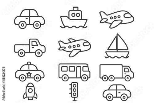 Collection of simple outline icons representing various transportation vehicles and traffic signals