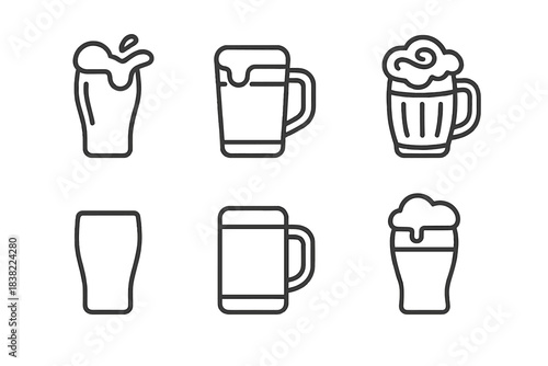 Six outline icons depicting various beer glasses and mugs for beverage design