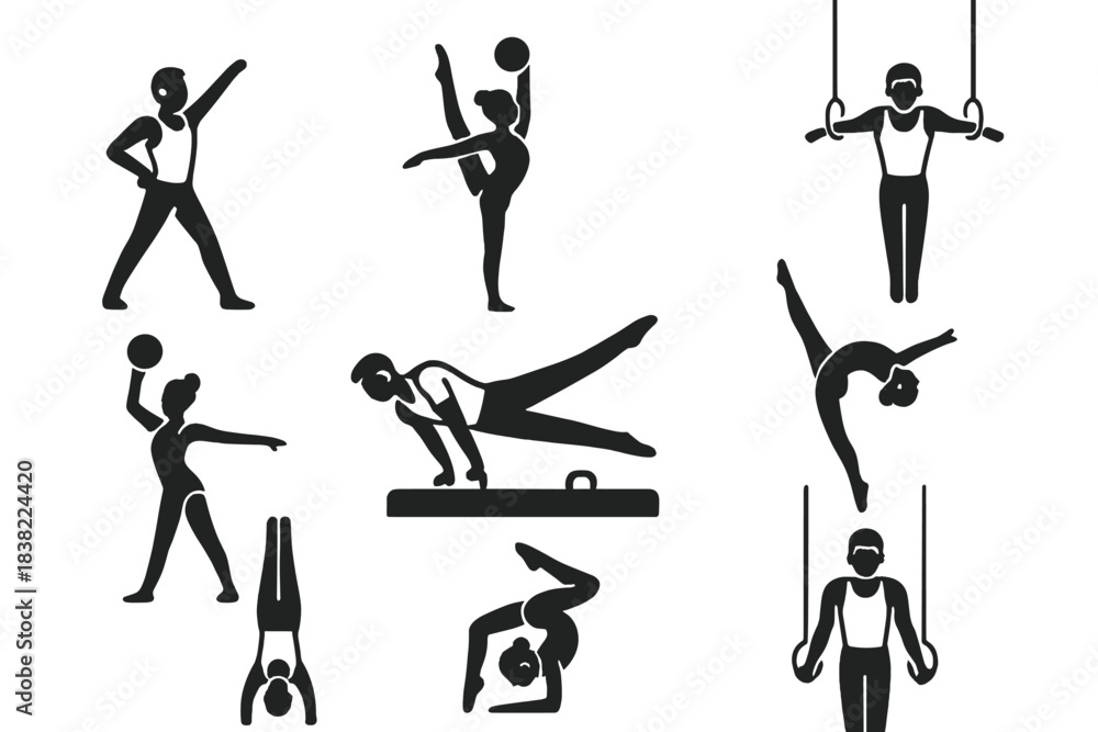 Fototapeta premium Set of icons showing athletes performing gymnastics and rhythmic sports routines