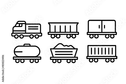 Various types of train cars shown in simple black line style suitable for educational purposes in transportation studies