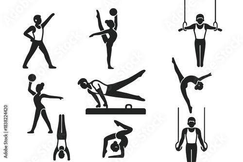 Set of icons showing athletes performing gymnastics and rhythmic sports routines
