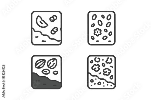 Outline symbols for food inclusions and toppings used in snack bars or chocolate