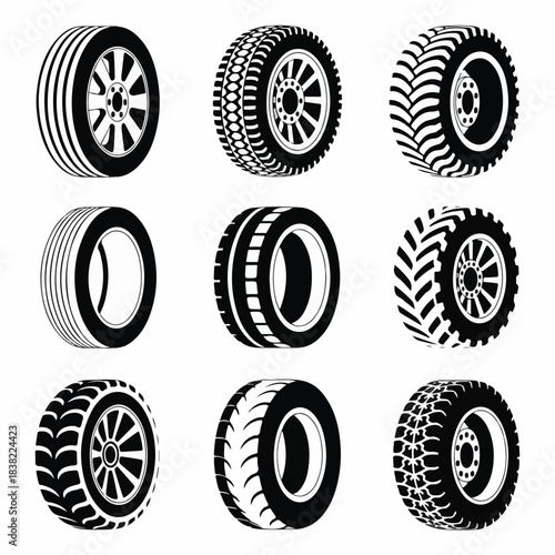Vehicle Tire & Wheel Icon Pack – Monochrome Vector Set