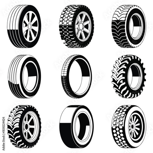 Vehicle Tire & Wheel Icon Pack – Monochrome Vector Set