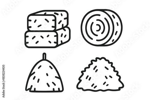 Agricultural dry grass and straw forms including round bales, stacked bales, and haystacks