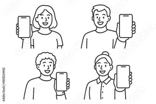 Happy people holding blank screen smartphones for presentation and advertising