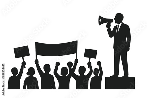 Political leader speaking into a megaphone to a protesting crowd holding signs and a banner