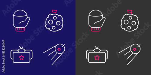 Set line Satellite, Ushanka, Moon with flag and Christmas mitten icon. Vector