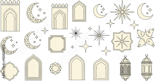 Elegant collection of delicate line art icons featuring Islamic architecture moons stars and traditional lanterns perfect for Ramadan design elements