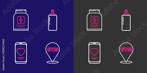 Set line Location gym, Mobile with heart rate, Punching bag and Sports nutrition icon. Vector