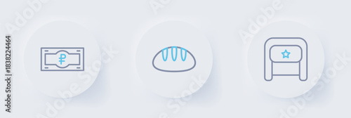 Set line Ushanka, Bread loaf and Russian ruble banknote icon. Vector