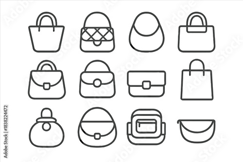 Minimalist drawings of various women's fashion handbags and purses for shopping and retail