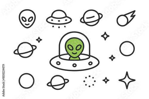 Minimalist space exploration symbols featuring extraterrestrial beings, UFOs, planets, and comets