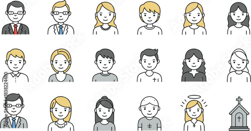 Cartoon family tree character grid with halo and gravestone icons, memorial relationship chart, cad drawing flat vector illustration