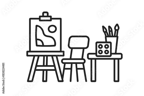 Art studio setup with easel, canvas, chair, paintbrushes, and palette